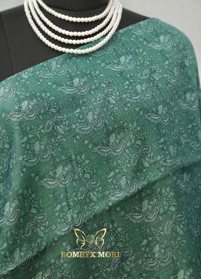 Pastel Yellow & Rough Green Floral Madhubani Saree