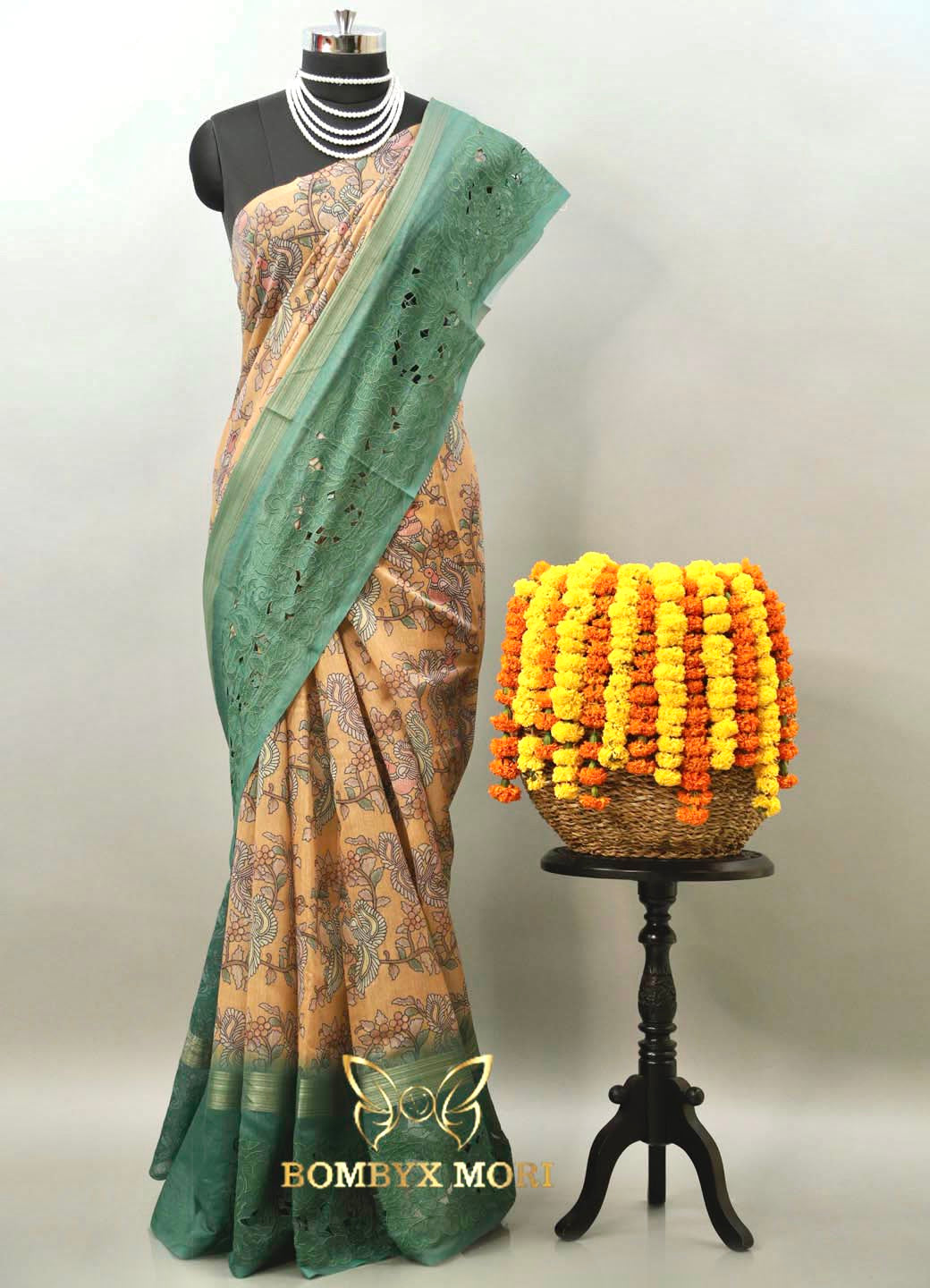 Pastel Yellow & Rough Green Floral Madhubani Saree