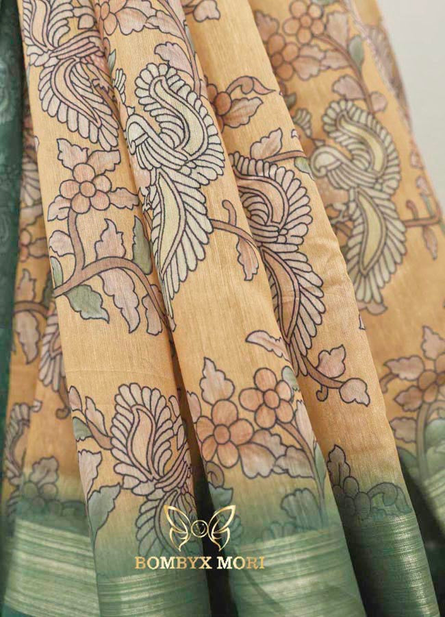 Pastel Yellow & Rough Green Floral Madhubani Saree