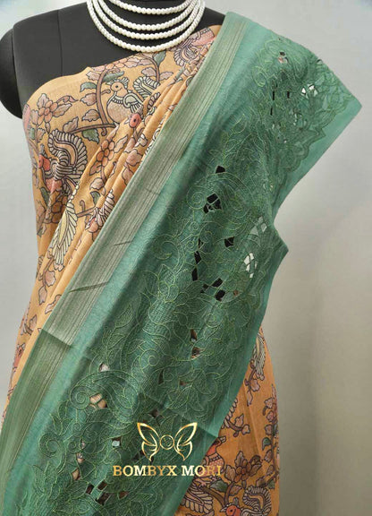 Pastel Yellow & Rough Green Floral Madhubani Saree