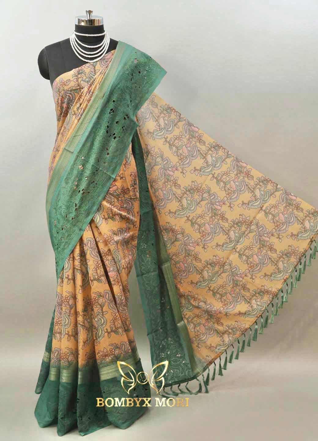 Pastel Yellow & Rough Green Floral Madhubani Saree