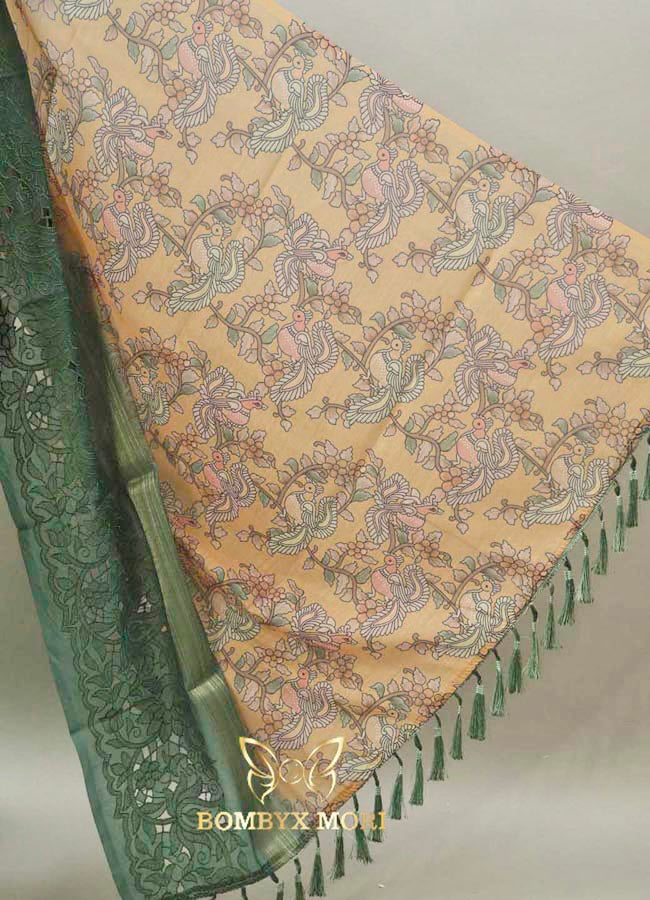 Pastel Yellow & Rough Green Floral Madhubani Saree