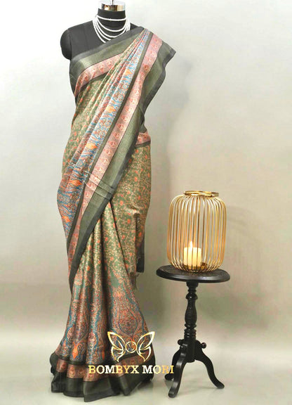 Dual Shade Blue and Green printed Kashmiri Saree