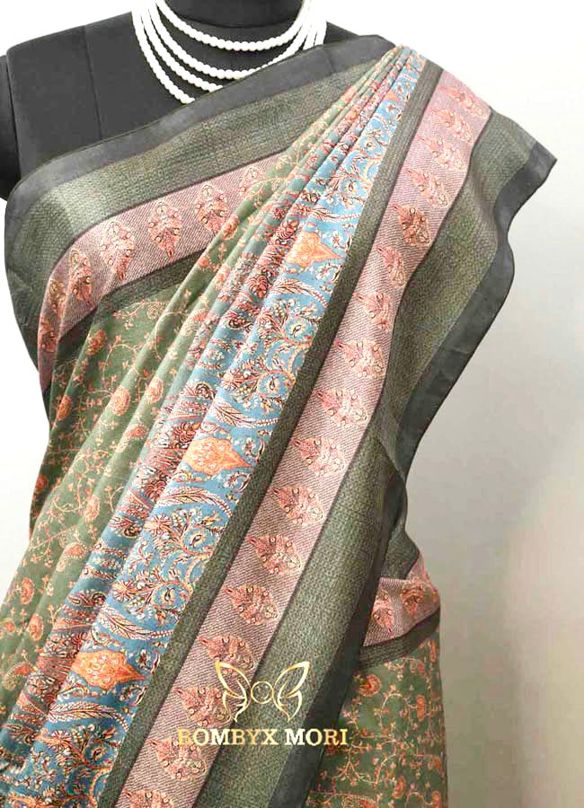 Dual Shade Blue and Green printed Kashmiri Saree