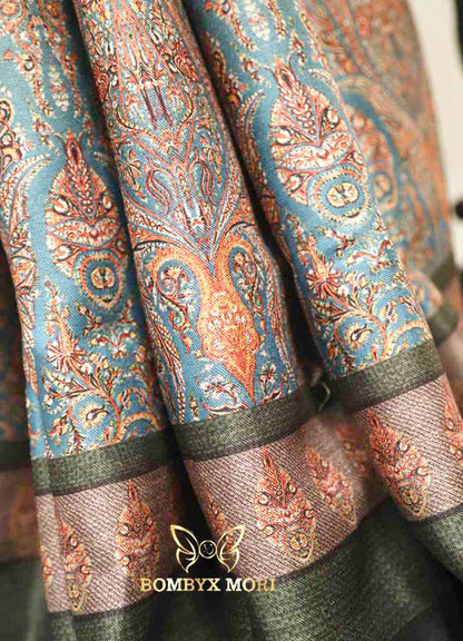 Dual Shade Blue and Green printed Kashmiri Saree