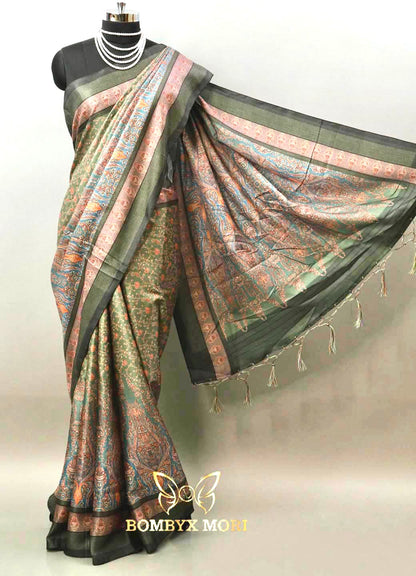 Dual Shade Blue and Green printed Kashmiri Saree