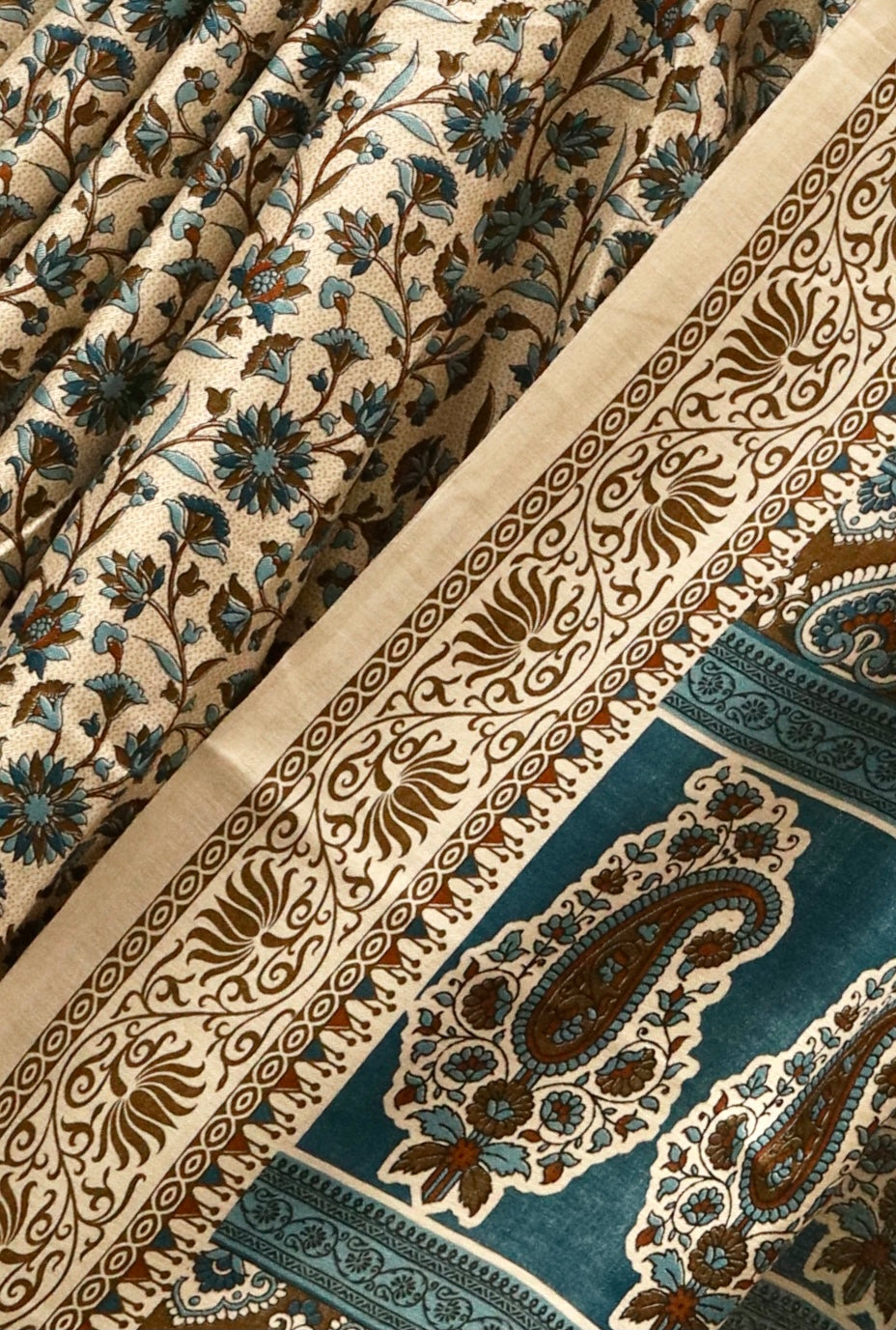 Beige and Blue Printed Kashida