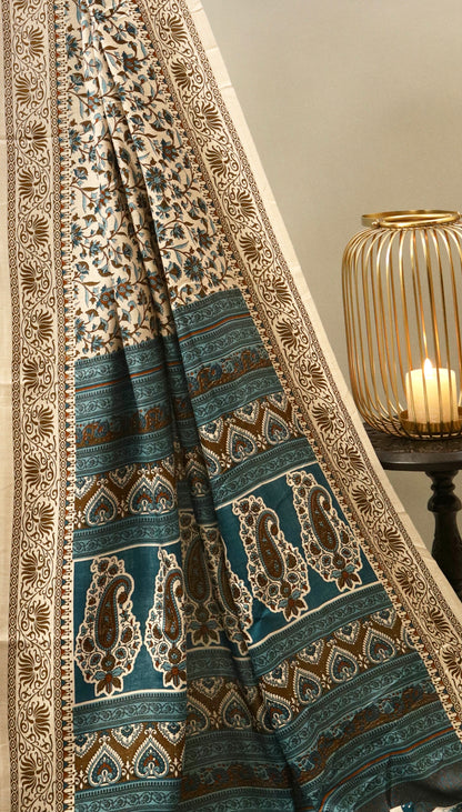 Beige and Blue Printed Kashida