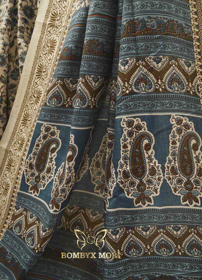 Beige and Blue Printed Kashida