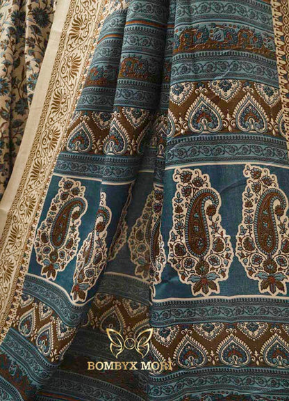 Beige and Blue Printed Kashida