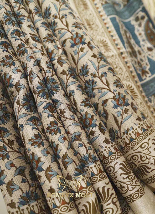 Beige and Blue Printed Kashida