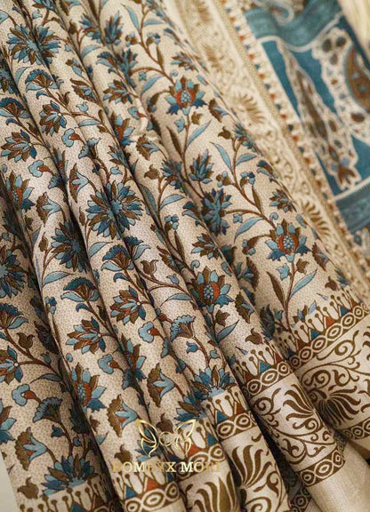 Beige and Blue Printed Kashida