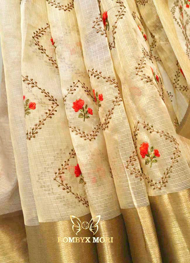 Cream and Golden Tissue saree