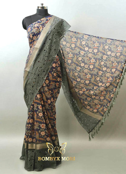 Blue and Grey Floral Madhubani Saree