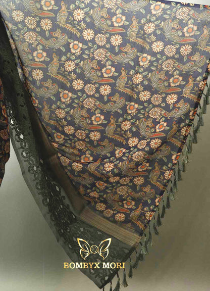 Blue and Grey Floral Madhubani Saree