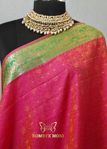 Magenta Pink and Green Tanchoi Silk Saree