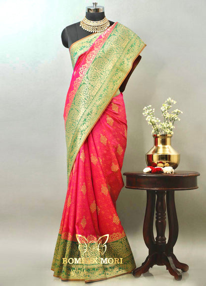 Magenta Pink and Green Tanchoi Silk Saree