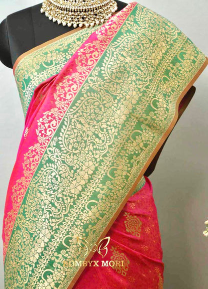 Magenta Pink and Green Tanchoi Silk Saree