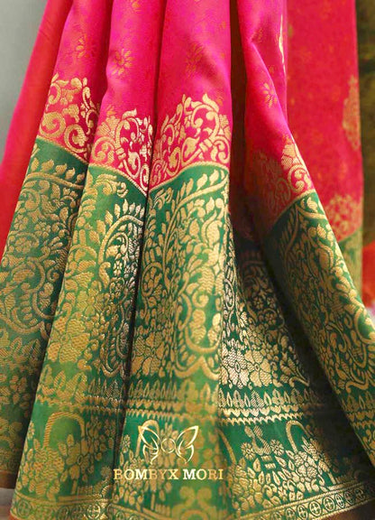 Magenta Pink and Green Tanchoi Silk Saree