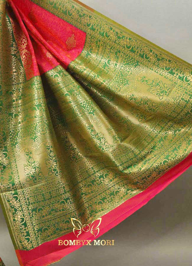 Magenta Pink and Green Tanchoi Silk Saree