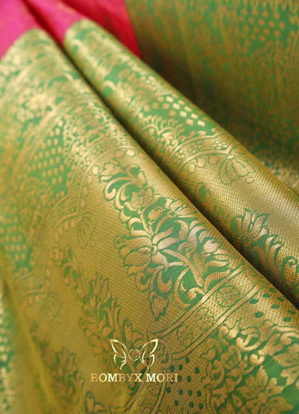 Magenta Pink and Green Tanchoi Silk Saree