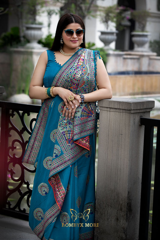  Mithila blue Madhubani silk saree