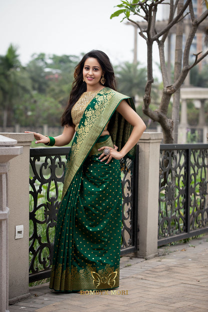 Modest Green and Golden Breeze Dola Silk Saree