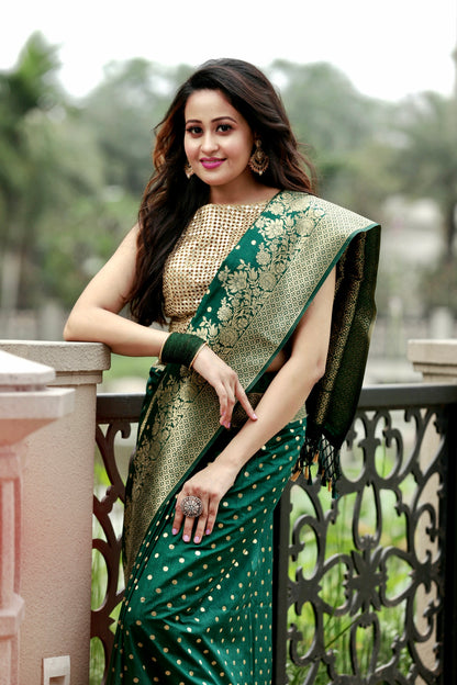 Modest Green and Golden Breeze Dola Silk Saree