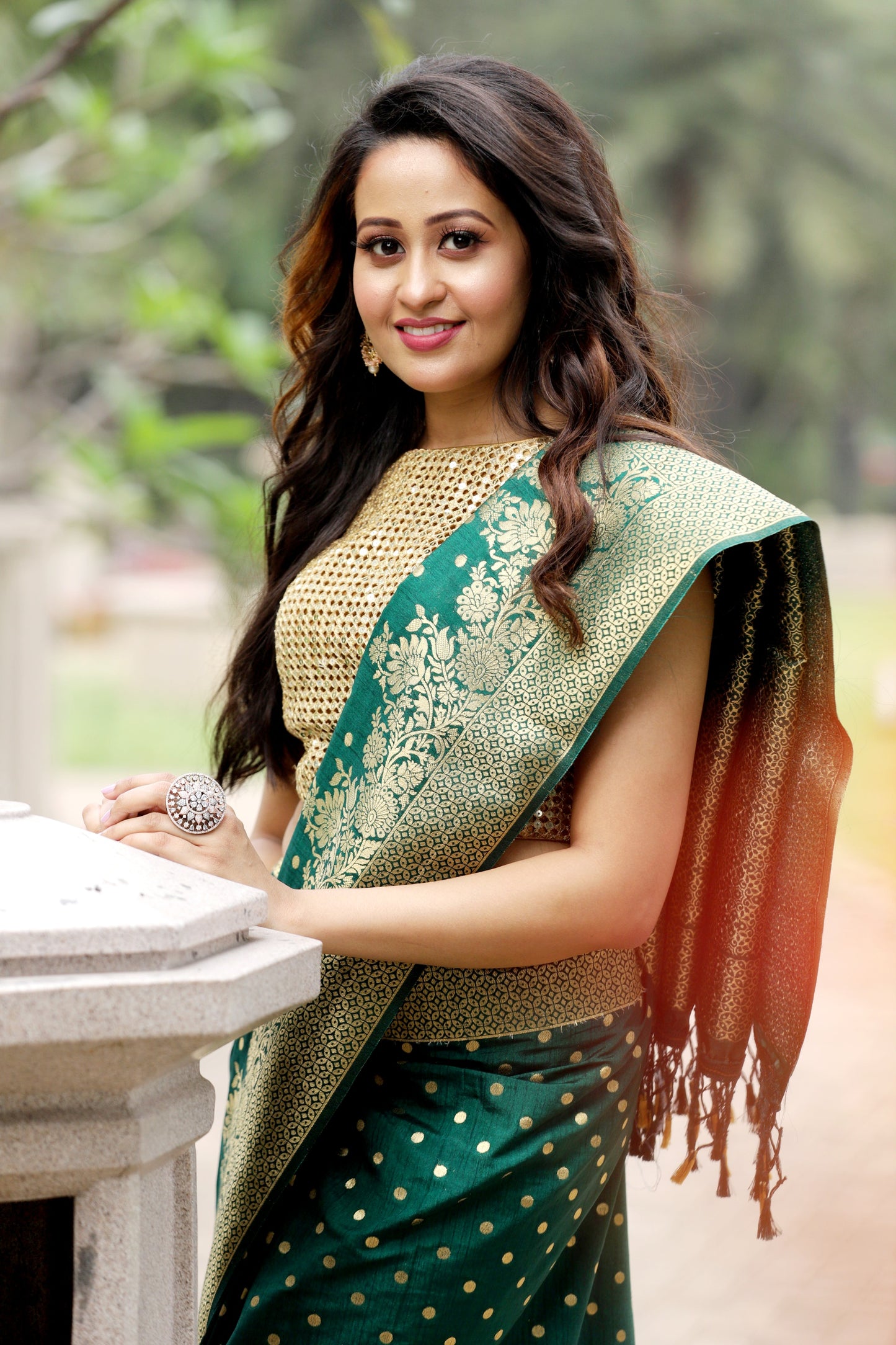 Modest Green and Golden Breeze Dola Silk Saree