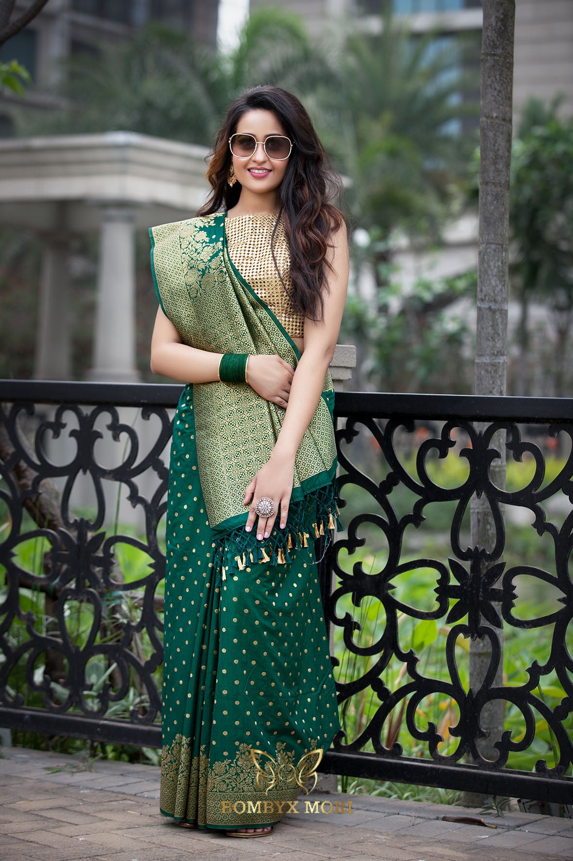 Modest Green and Golden Breeze Dola Silk Saree