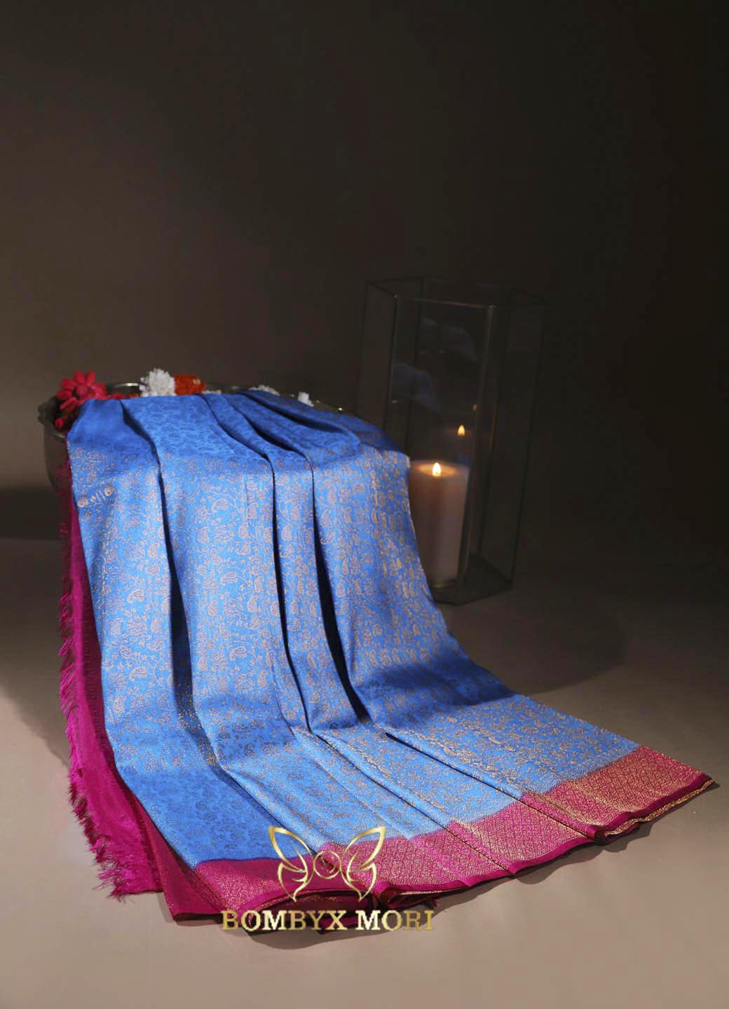 Blue and pink Kanjivaram brocade silk saree