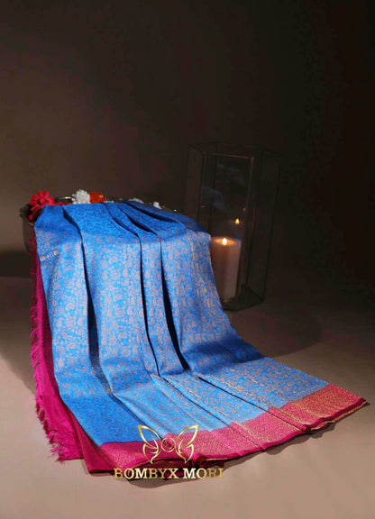 Blue and pink Kanjivaram brocade silk saree