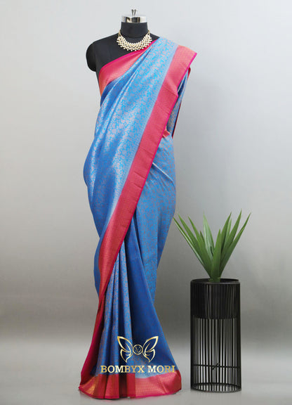 Blue and pink Kanjivaram brocade silk saree