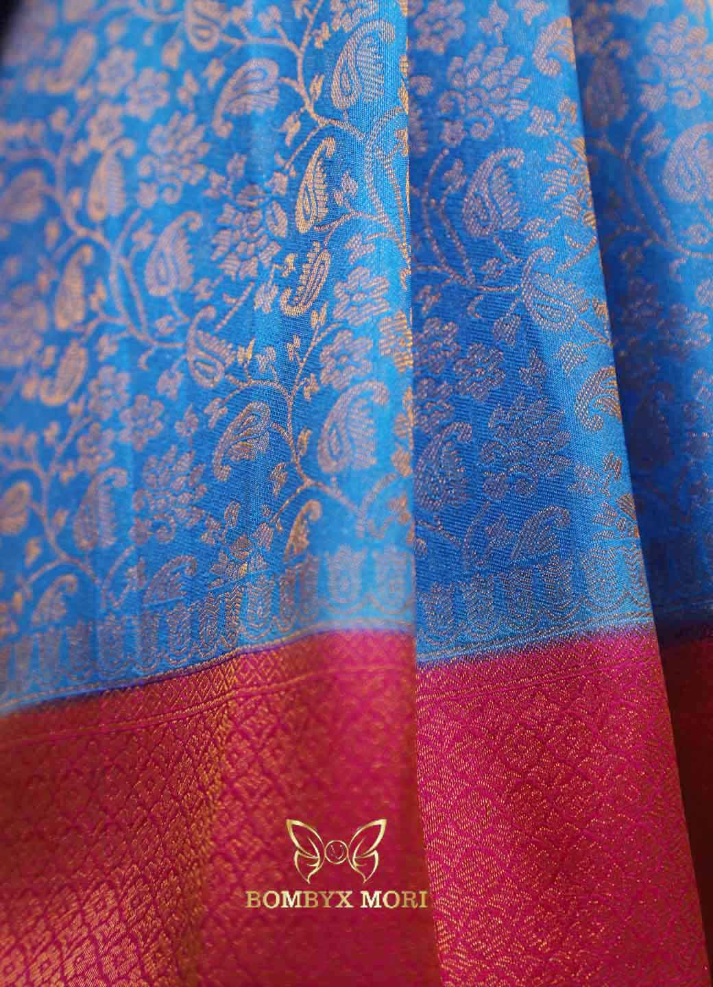 Blue and pink Kanjivaram brocade silk saree