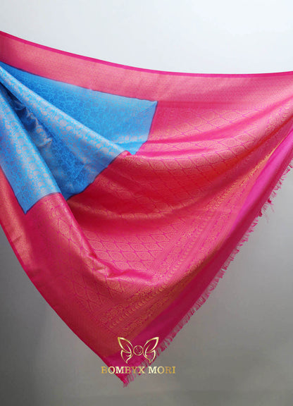 Blue and pink Kanjivaram brocade silk saree