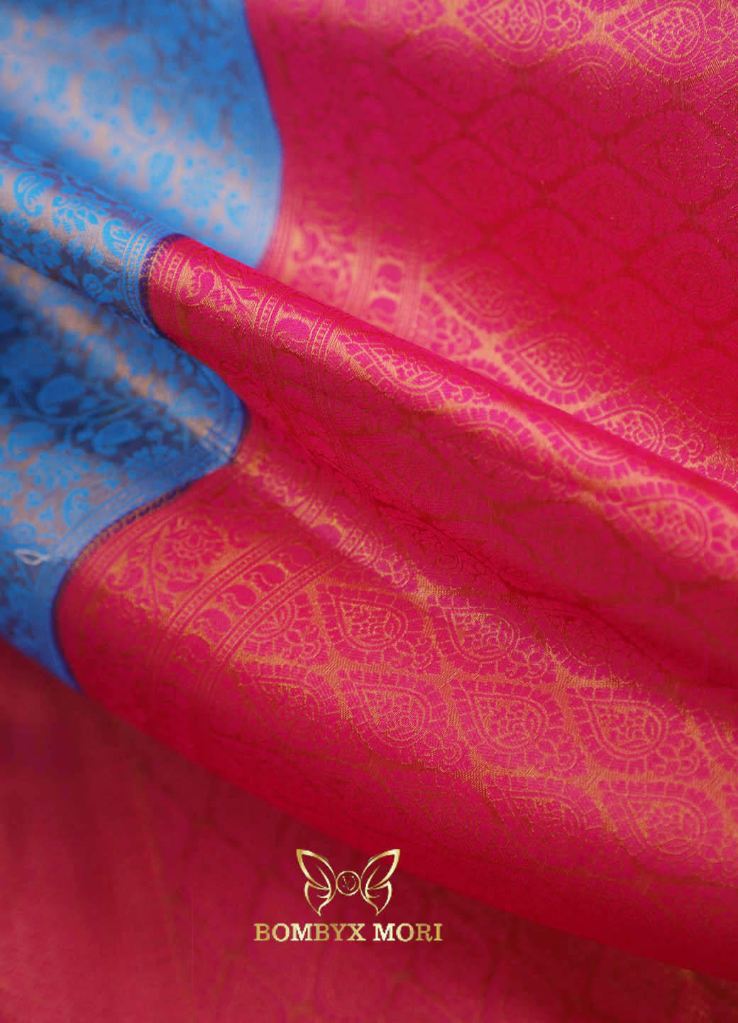 Blue and pink Kanjivaram brocade silk saree