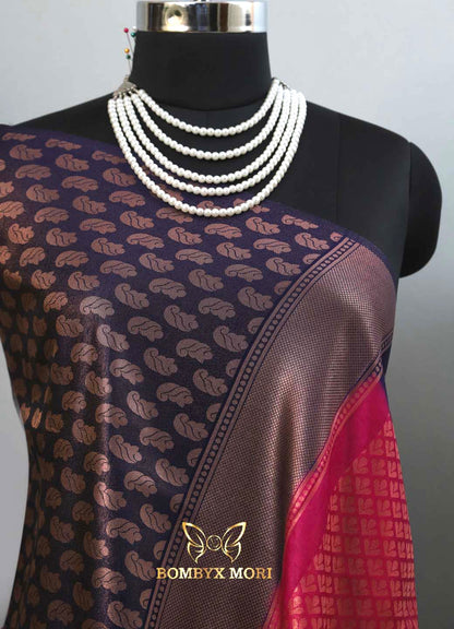 Midnight blue and magenta pink kanjeevaram brocade silk saree