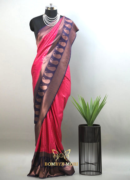 Midnight blue and magenta pink kanjeevaram brocade silk saree