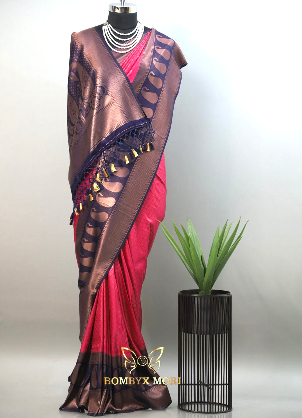 Midnight blue and magenta pink kanjeevaram brocade silk saree