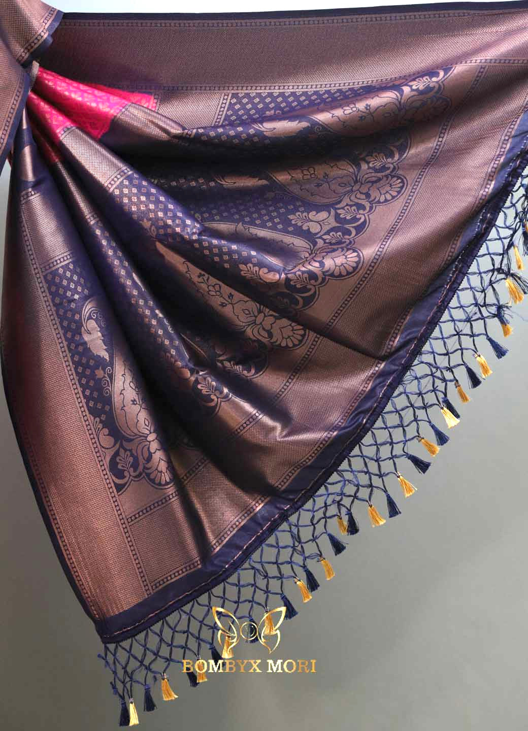 Midnight blue and magenta pink kanjeevaram brocade silk saree