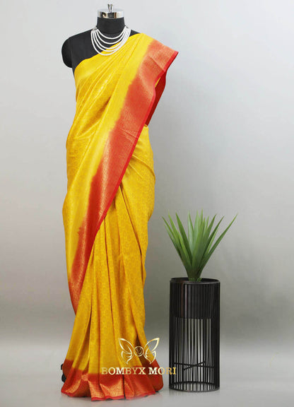 Bubble yellow and red kanjeevaram brocade silk saree