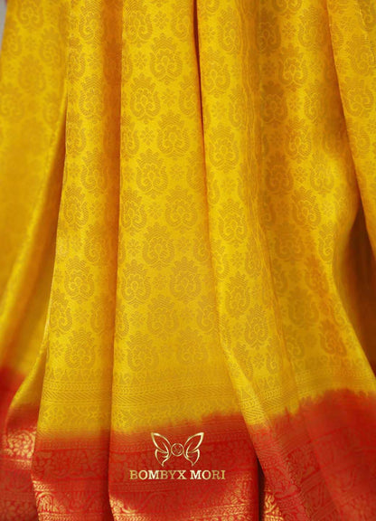 Bubble yellow and red kanjeevaram brocade silk saree