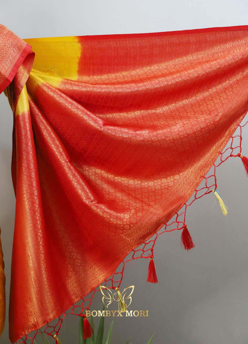 Bubble yellow and red kanjeevaram brocade silk saree