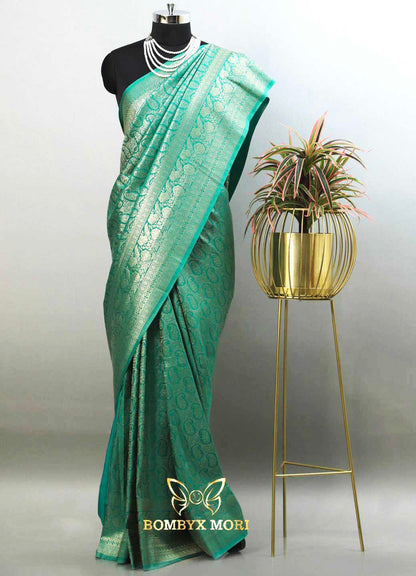  Turquoise blue-green soft brocade saree