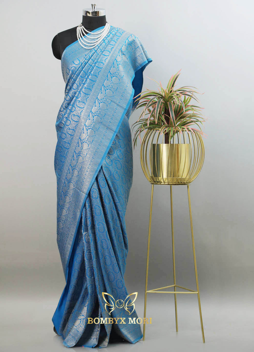 Dodger blue brocade silk saree