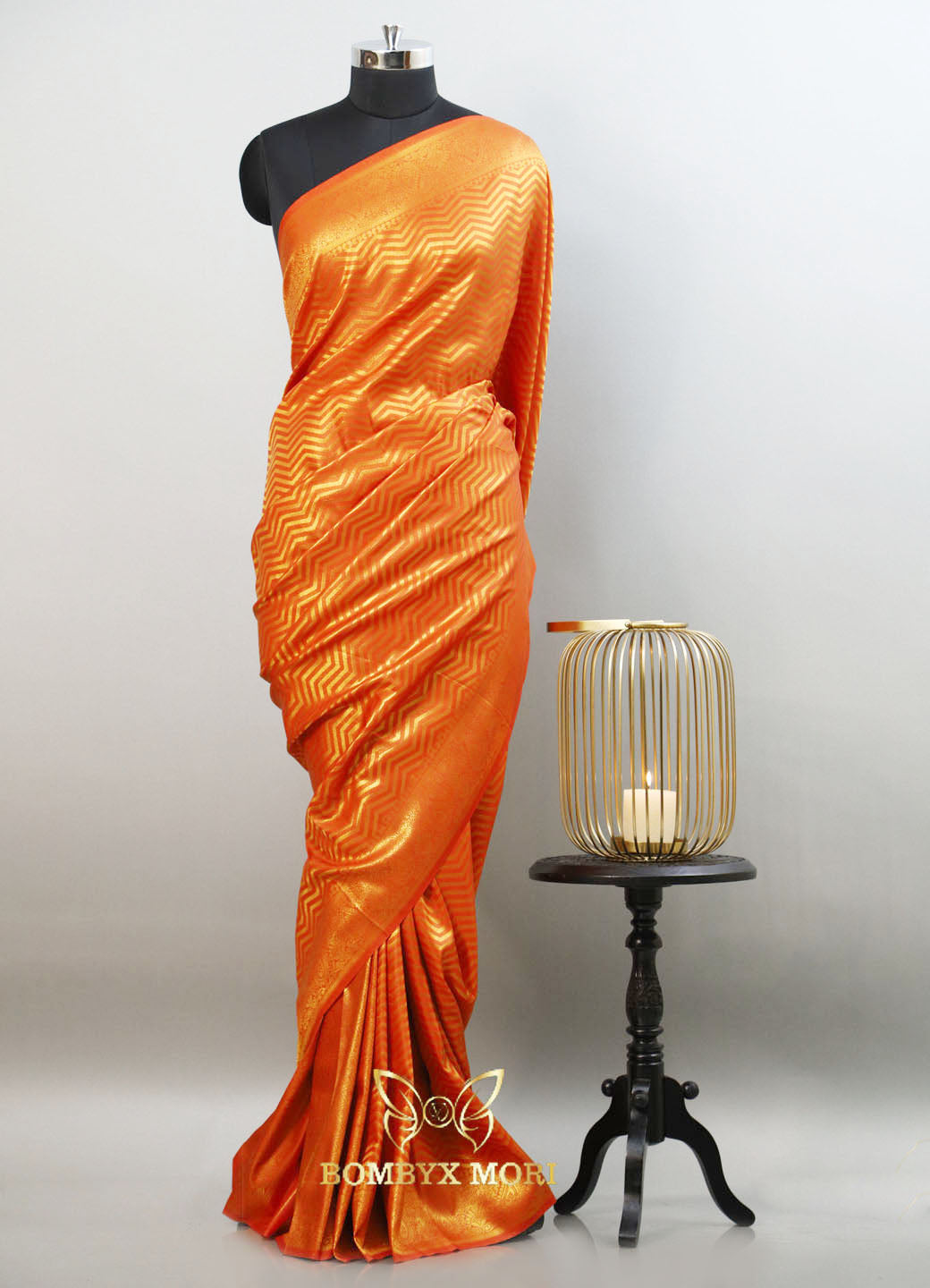 Vivid orange and golden brocade kanjeevaram silk saree