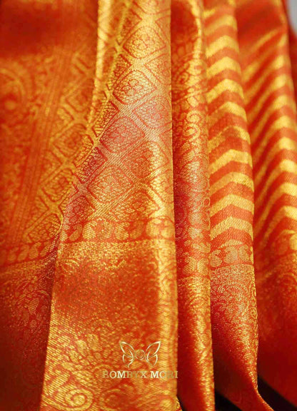 Vivid orange and golden brocade kanjeevaram silk saree