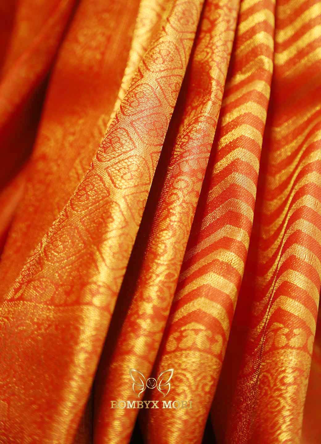 Vivid orange and golden brocade kanjeevaram silk saree