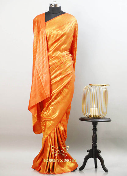 Vivid orange and golden brocade kanjeevaram silk saree