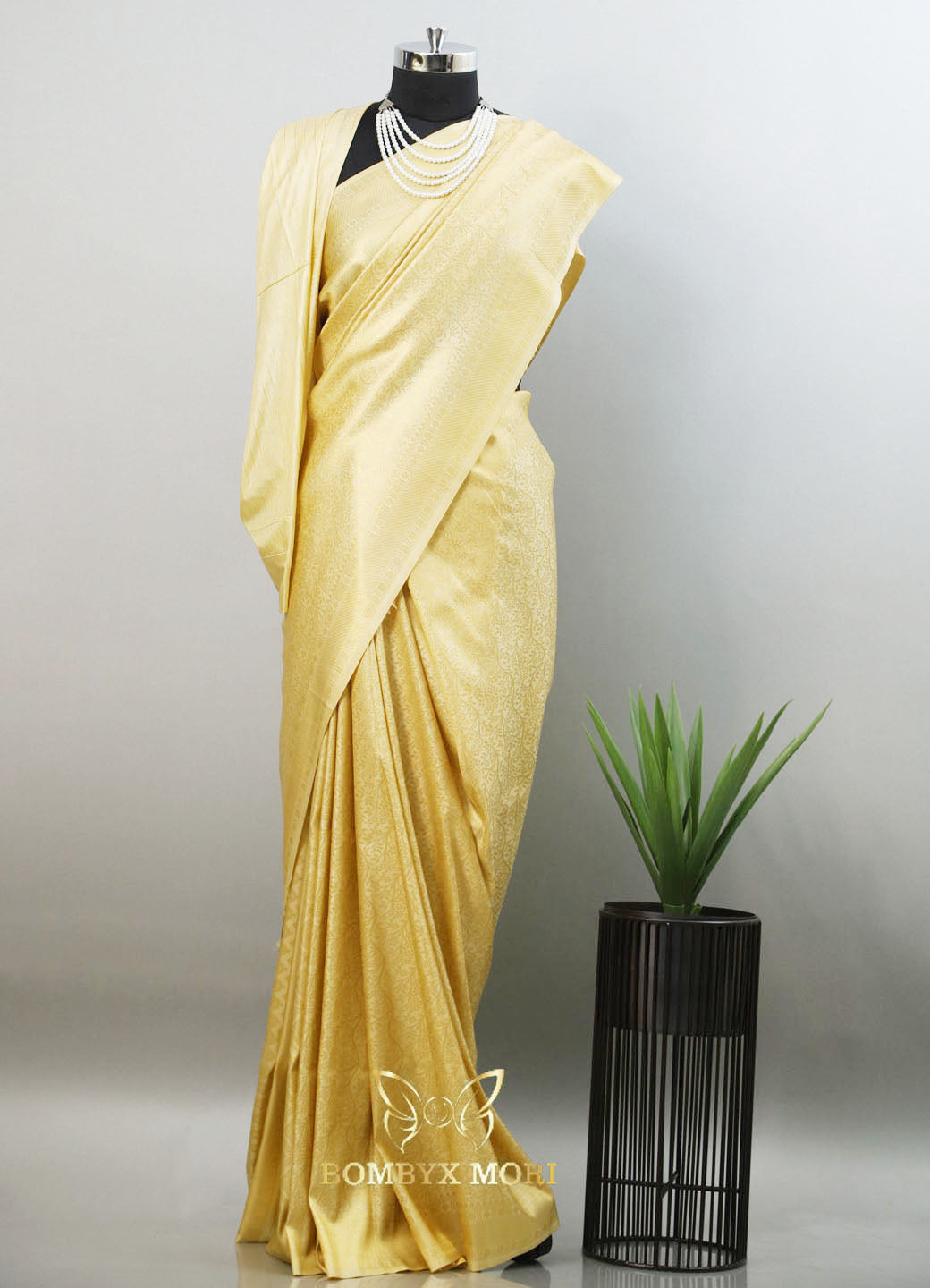 Golden Kanjeevaram brocade silk saree